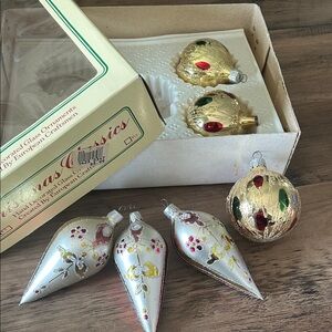 Lot of 6 Vintage Blown Glass Jumbo Stencil Glittered Christmas Ornaments